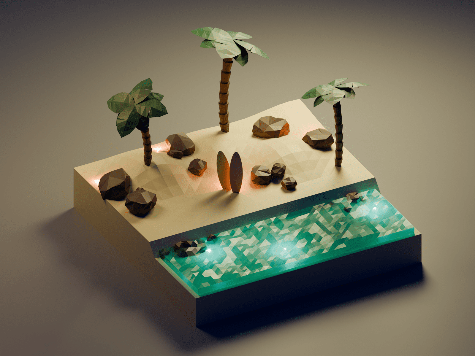 Lowpoly Beach - hell - gerendert Lowpoly Beach Szene - Tagesstimmung - gerendertes 3D Bild