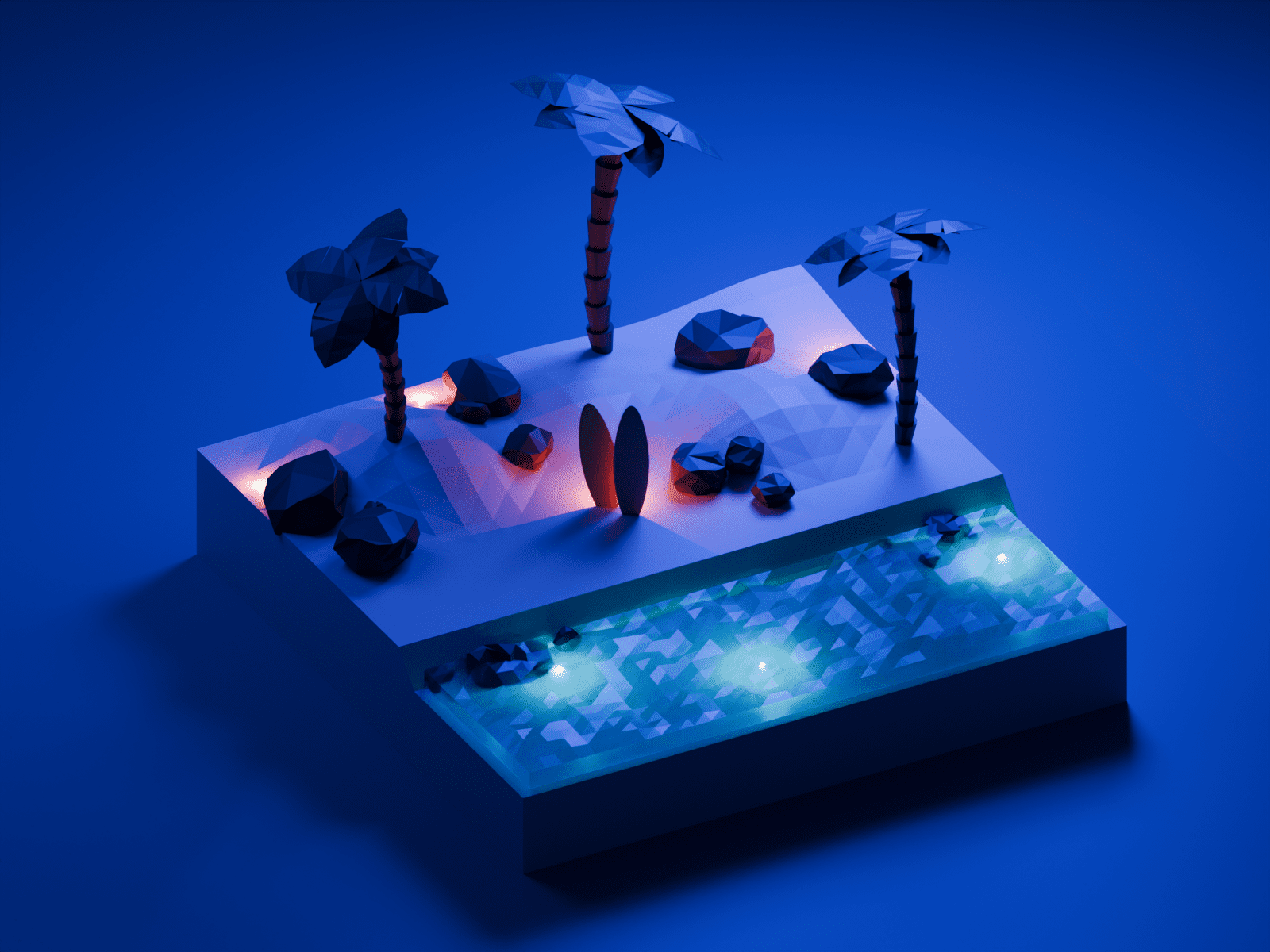 Lowpoly Beach Szene – Nacht – gerendert in Blender Lowpoly Beach Szene - Blender Nacht-Szene gerendert – 3D Illustration Beispiel